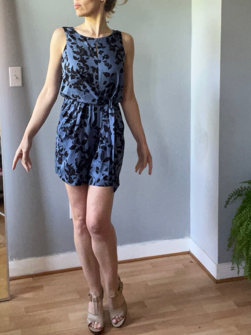Calvin Klein Blue Floral Tie-Waist Romper